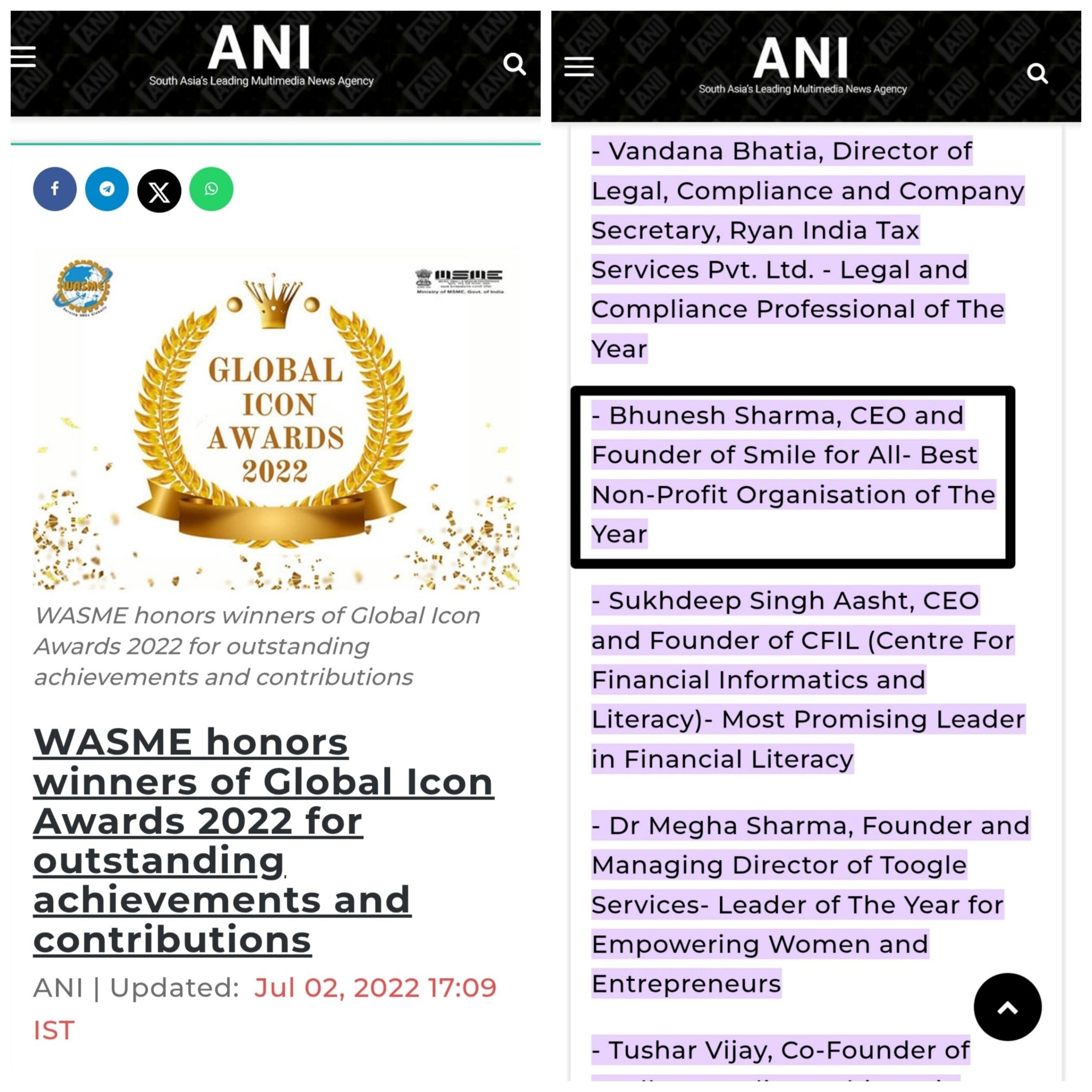 WASME honors winners of Global Icon Awards 2022 for outstanding achievements and contributions- ANI