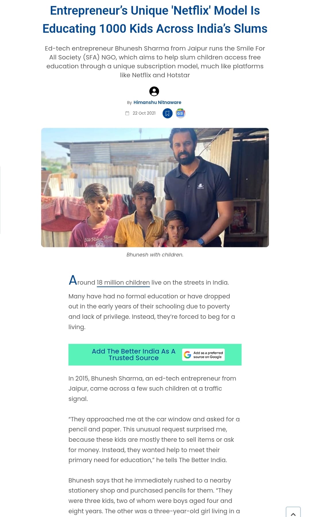 Cover Story of Smile for All Society - The Better India (Online)