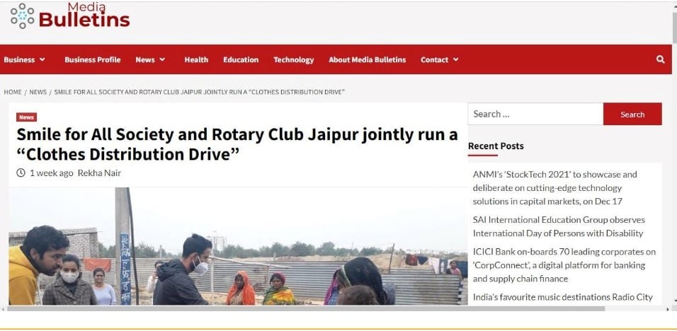 SFA Clothes Distribution Drive in Jaipur - Media Bulletins (Online)